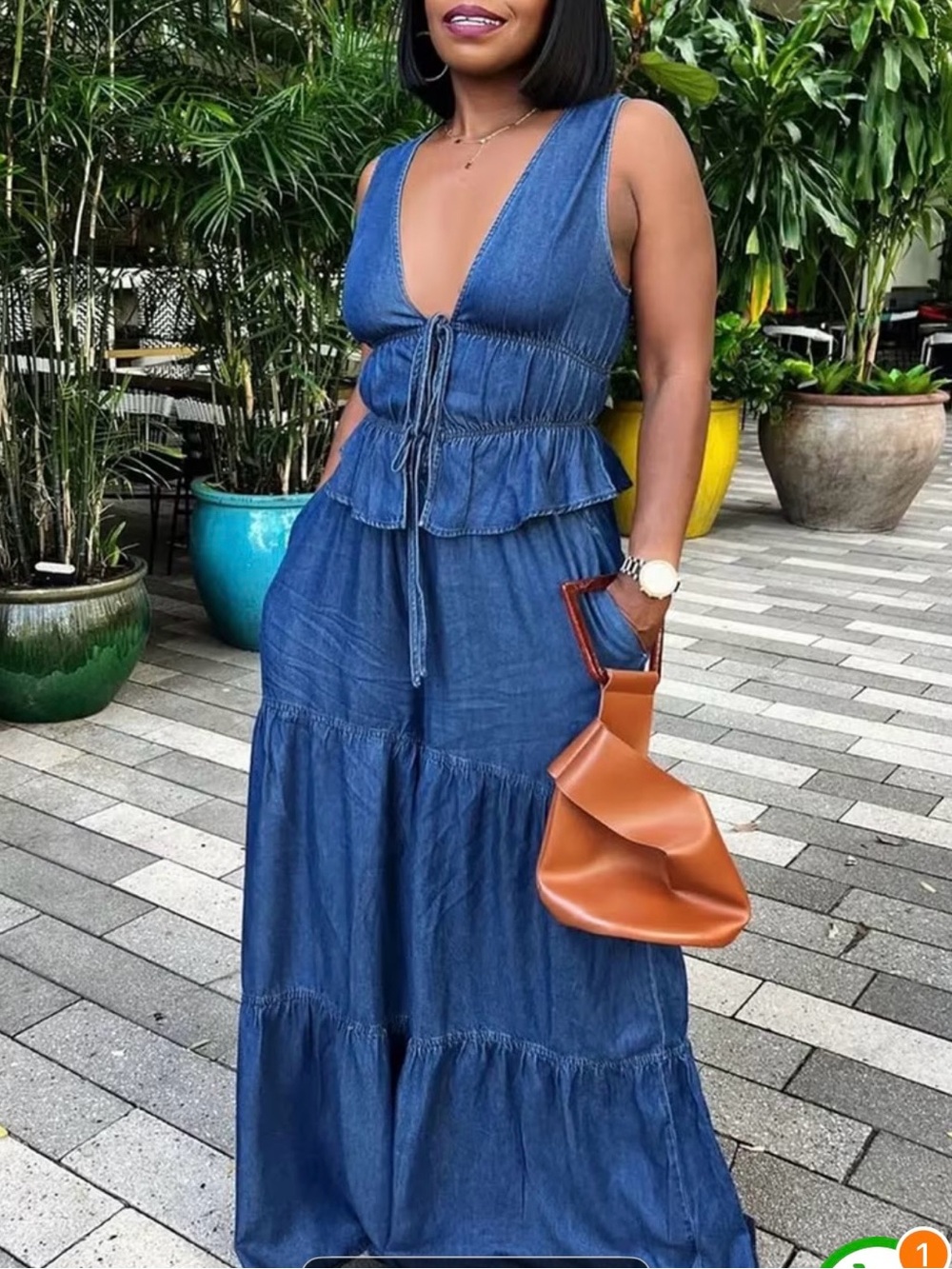 Sleeveless Denim Blue Tiered Wide-Leg pant & top - Picture 2 of 9